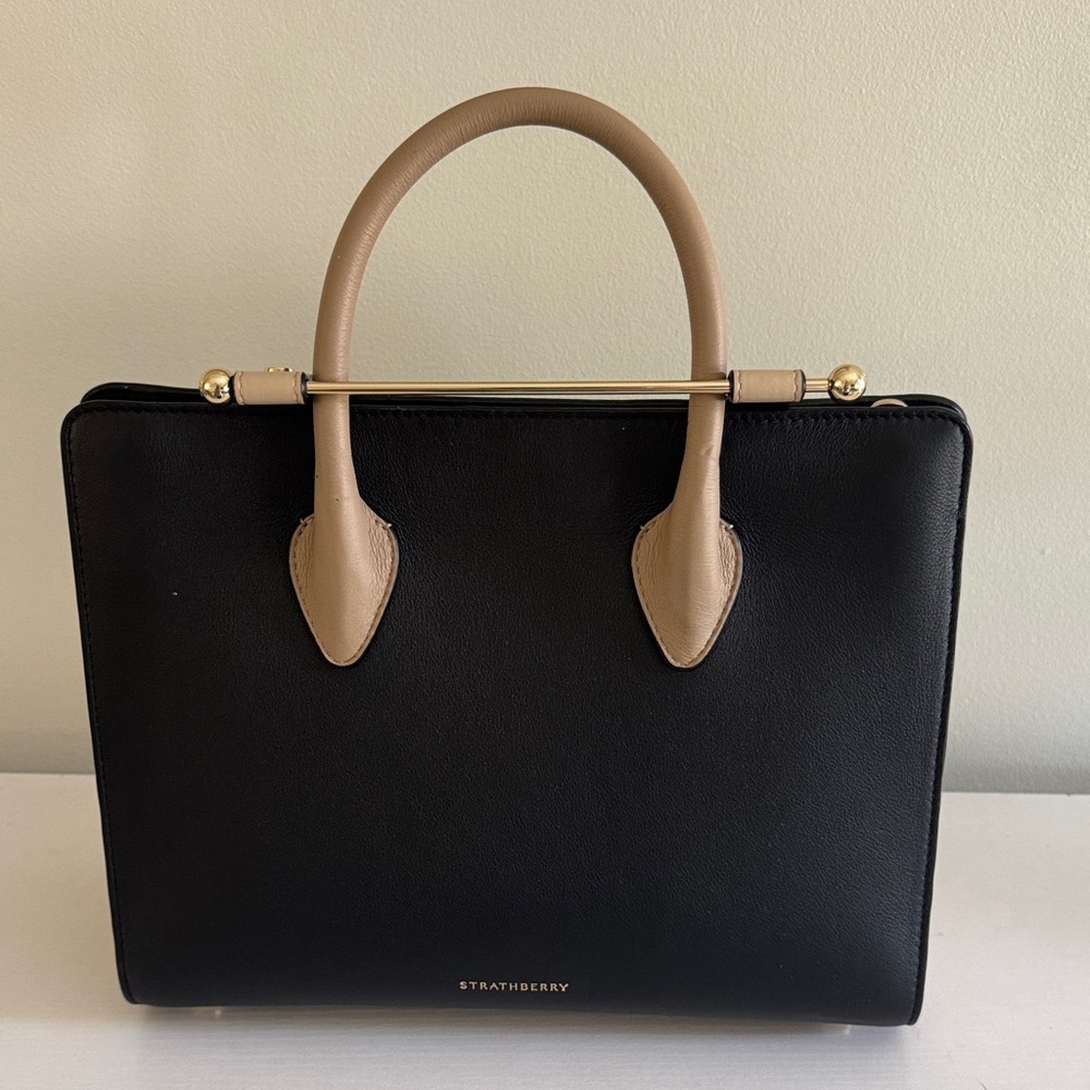 Strathberry Black Satchel with Tan Top Handles and Gold Bar